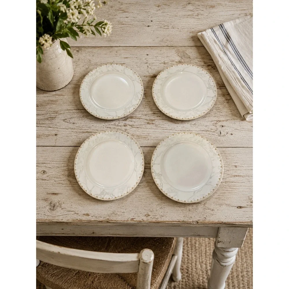 Bien Servi New Bone Chinaware Marble Gold Rim 8 Inch Salad‎ Plates Set of 4